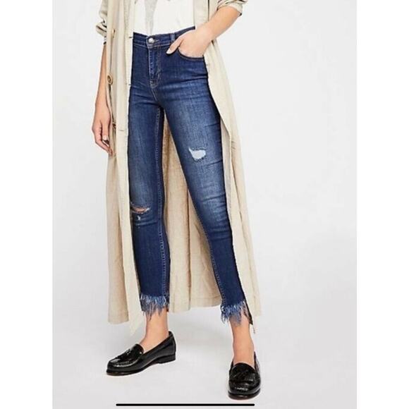 Free People Great Heights Jeans Skinny Frayed Distressed High Rise Blue Size 26 - Picture 1 of 8